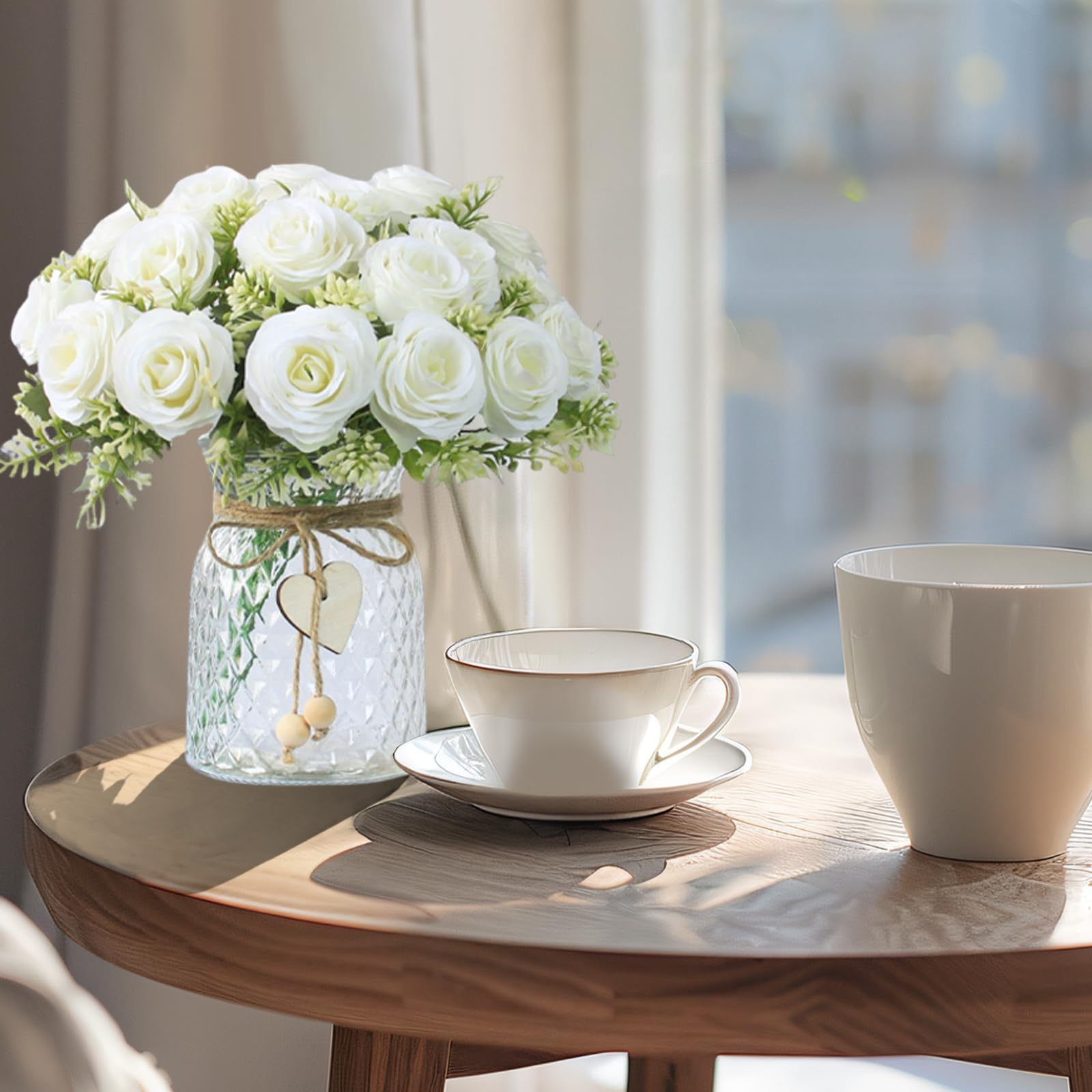 Flores falsas con jarrón, 18 rosas sintéticas, flores artificiales para decoración del hogar, centro de mesa de interior para sala de estar y mesa de comedor (blanco) 4