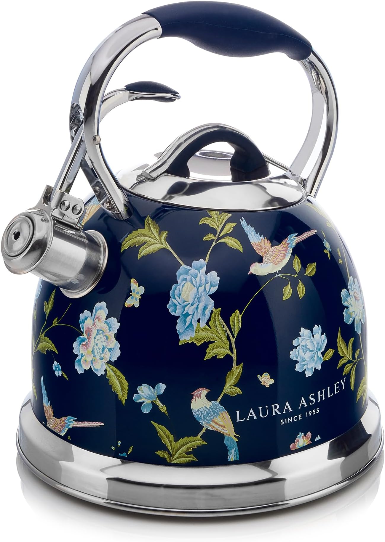 Laura Ashley Elveden Navy Stainless Steel 2.5L Stove Top Kettle. Fast Boil Whistling Kettle for Gas Hob, Induction Hob. Silicon Coated Cool Handle Gas Stove Camping Kettle. Compatible with Aga Stove