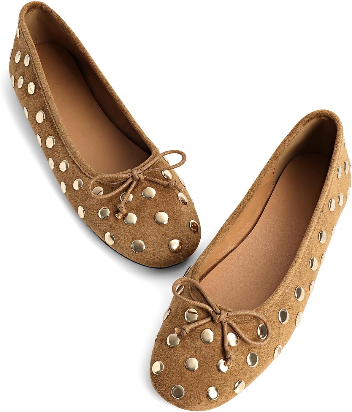 SOVANYOU Women's Studded Mary Jane Ballet Flats Closed Round Toe Flat with Bow Slip on Ballerina Flats Comfortable Walking Ballet Shoes Work Shoes