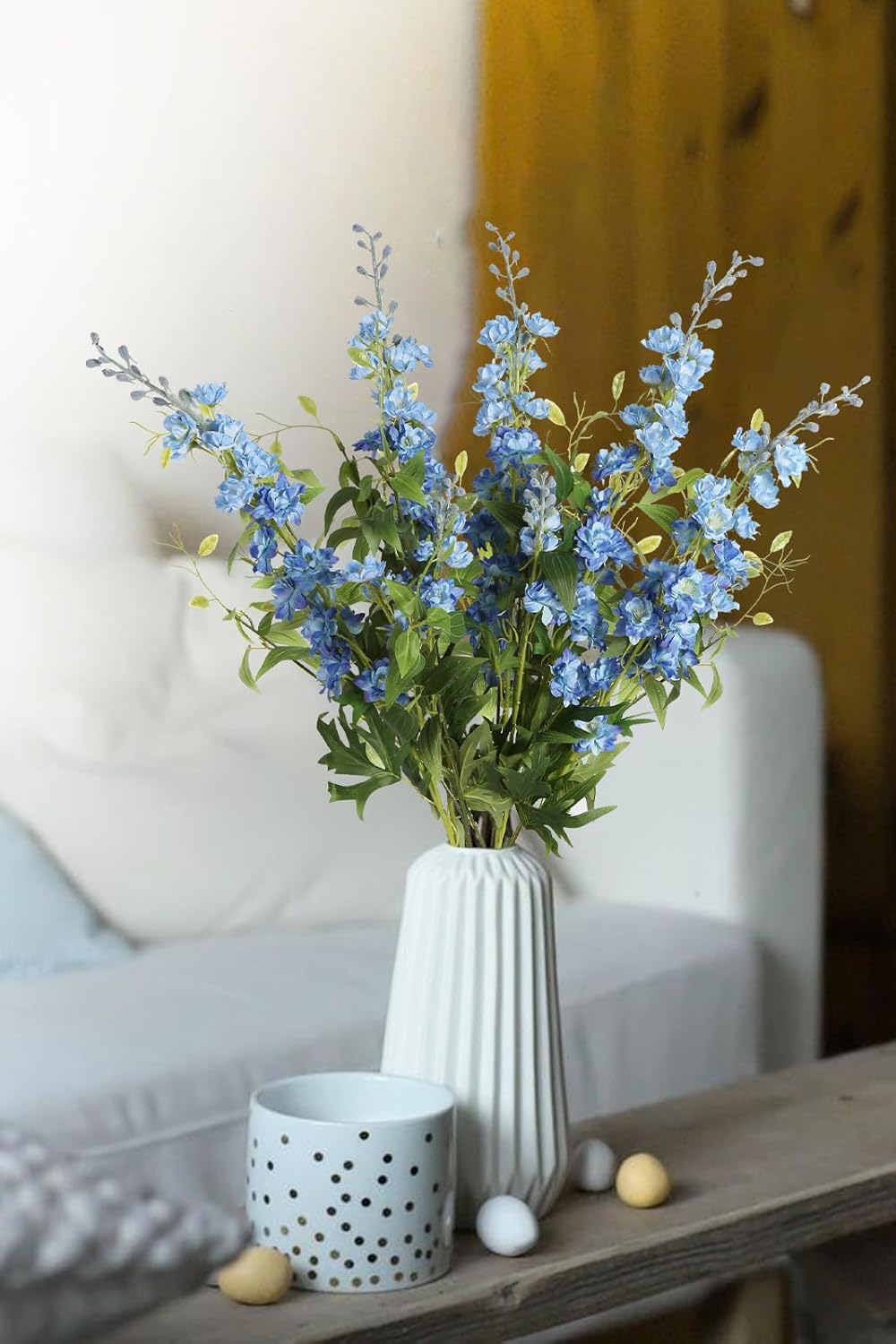 IPOPU Blue Silk Flowers - 9PCS Artificial Flowers Combo: Blue Delphinium, Clematis Greenery, 33.5" Long Stem for Tall Vase, Bluebonnet Decor, Floral Centerpiece, Bridal Bouquets for Wedding