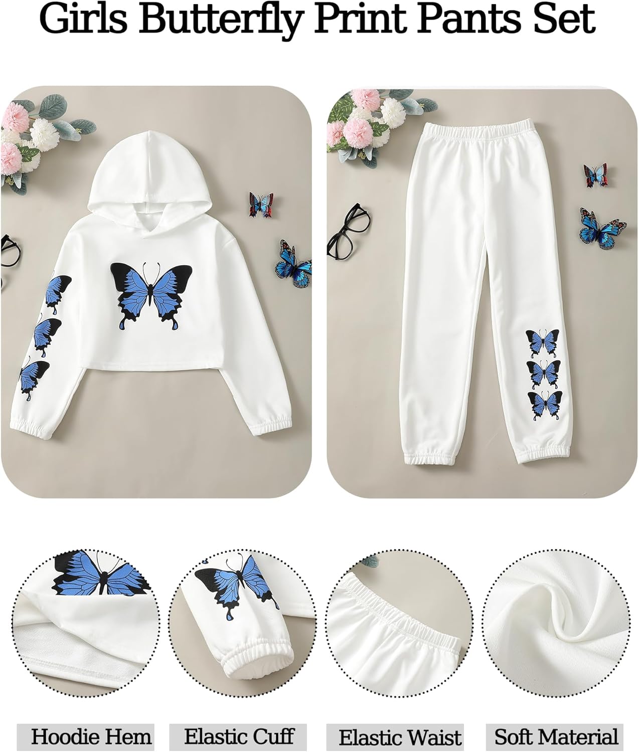 Girls' Clothing Set Butterfly Print Crop Top Hoodies Sweatpants 2 Piece Outfits Kids Sweatsuit Tracksuit Jogger Set - Image 6