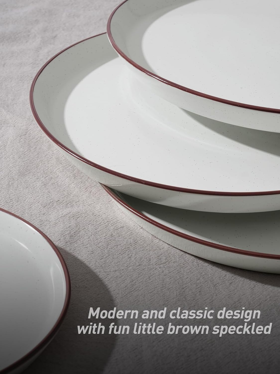 Famiware Saturn Dinnerware Sets, Speckled Plates and Bowls Sets for 4, 12 Pieces Stoneware Dish Set - Chip and Scratch Resistant, Microwave and Dishwasher Safe Tableware Set, White with Rim - Image 5