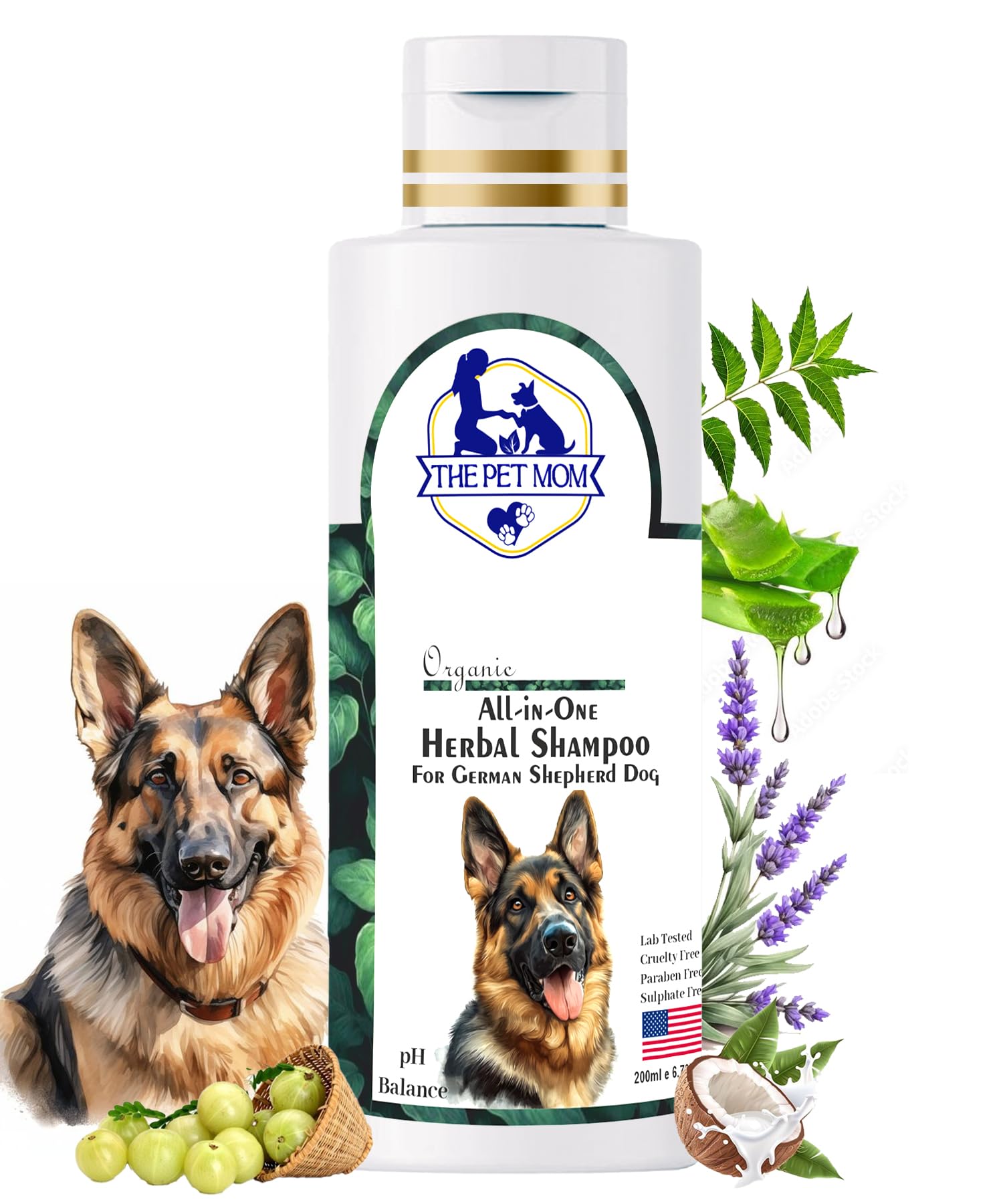 The Pet Mom All-In-One Herbal Shampoo For German Shepherd Dog, Puppy | Helps in Clean, Condition, Hair Fall Control, Tick, Flea, Itch –Soften, Strengthen, Adds Shine to Fur –Healthy Coat Shampoo 200ml