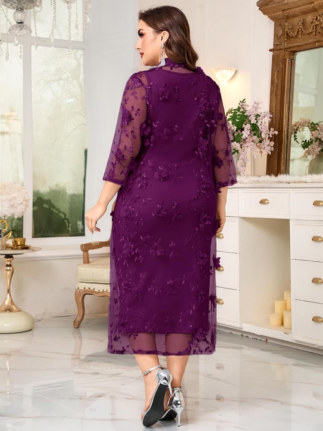 Plus Size Mother of The Bride Formal 2 Piece Dress Set with 3D Floral Mesh Jacket Dressy Suit Outfits Guest
