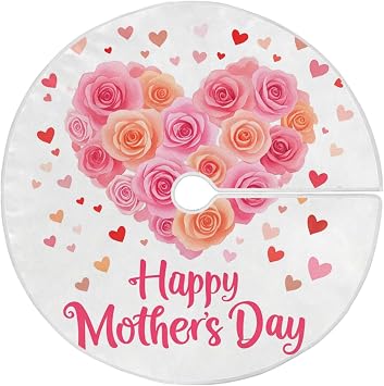Pfrewn Mothers Day Tree Skirt 36" Happy Mothers Day Pink Red Rose Flower Christmas Tree Skirts Rustic Farmhouse Xmas Mat for Holiday Festival Party Decor