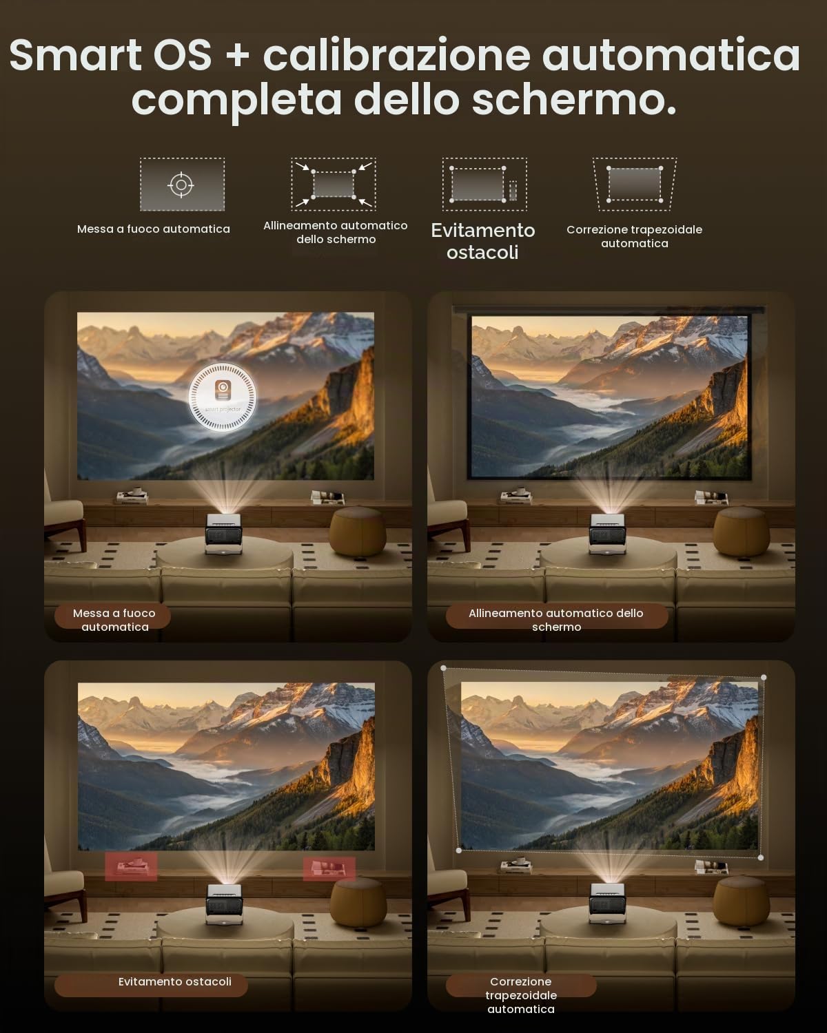 Videoproiettore 4K Home Cinema 2200 ANSI per Ambienti Luminosi, Smart TV con Netflix, Prime Video e YouTube, Auto Focus ToF, Correzione Keystone, WiFi 6 Bluetooth, Dolby Audio 30W, Supporto 360°