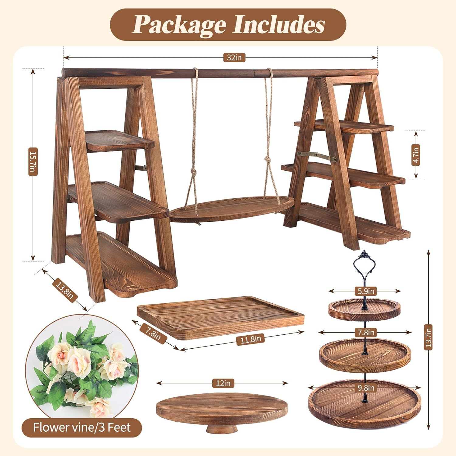 4 Pack Wooden Cake Stand Set 3 Tier Swing Cupcake Stand with Floral Decor, Square & Round Trays, Foldable Ladder Display for Cakes, Snacks, Fruit, Bread, Party & Catering Use