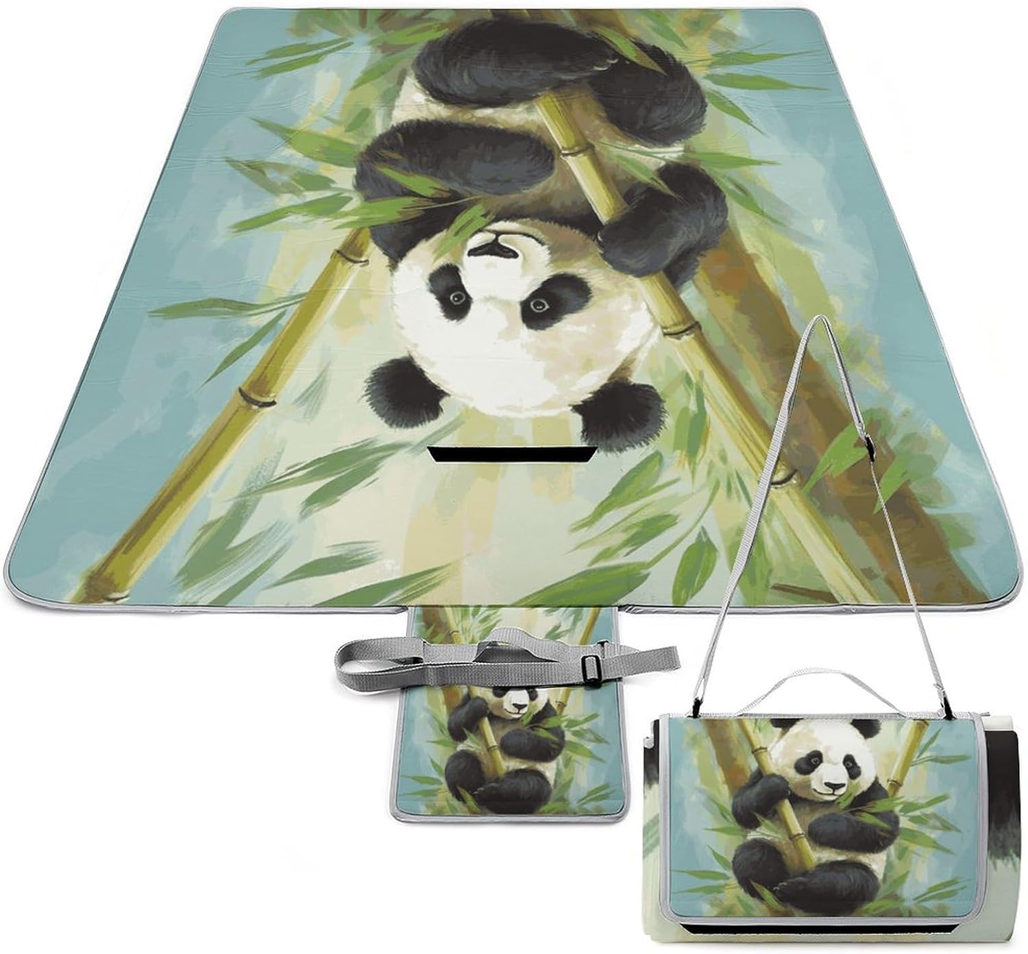 Bamboo with Panda Waterproof Picnic Blanket 58.3''x58.3'',Portable and Foldable Picnic Mat with Handle,Outdoor Blankets for Lawn Park Beach Travel