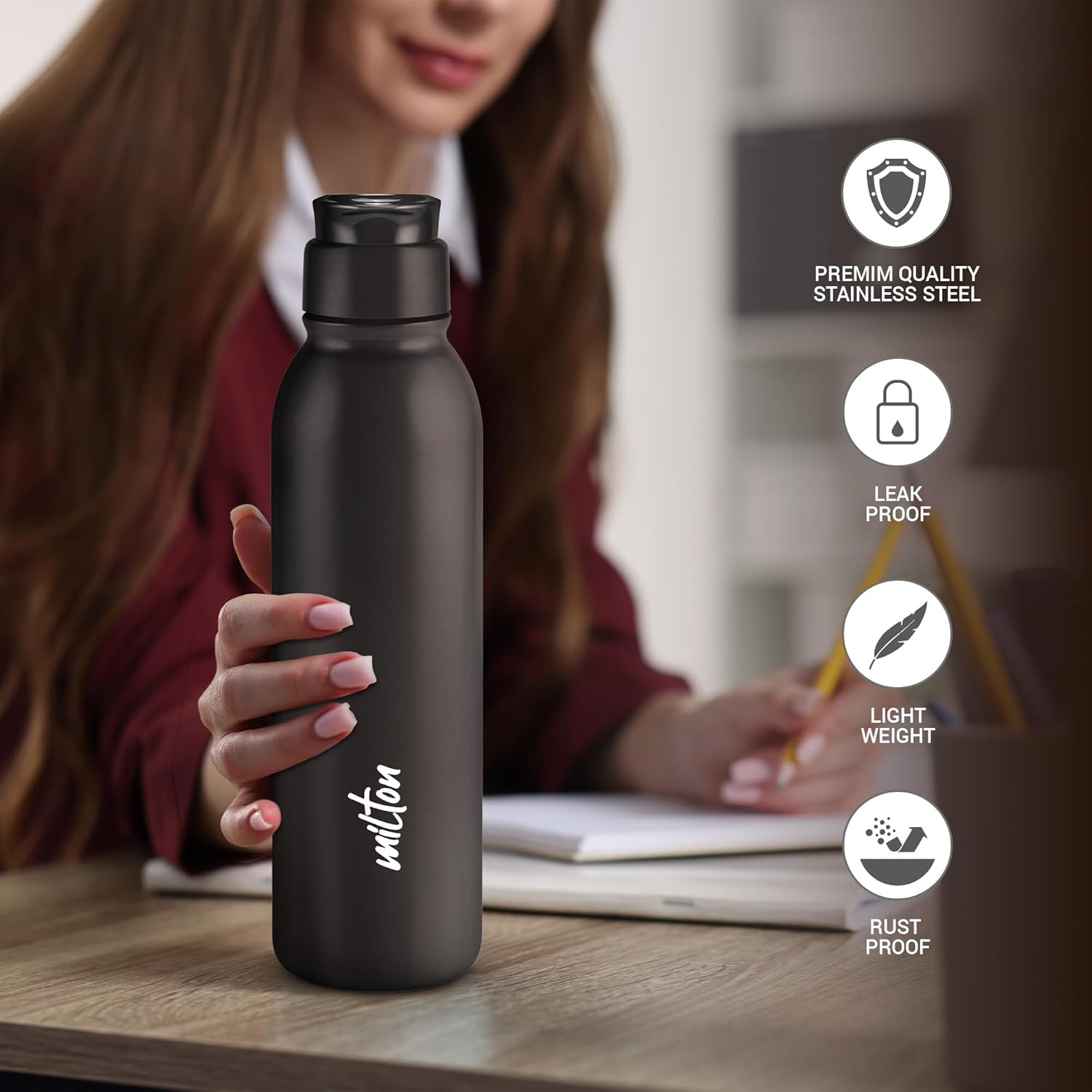MILTON Caper 1000 Stainless Steel Water Bottle 870 ml, Single Walled, ISI Certified I Leak Proof Lid, Rust Proof I For School, Office, Gym I Black