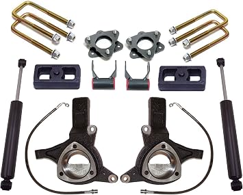MaxTrac Suspension K881375 Suspension Lift Kit w/Shocks 7.5 in. Lift Incl. Front Spindles w/Brake Lines/Front 3 in. Strut Spacers/Rear Blocks/U-Bolts/Shackles/Rear Shocks