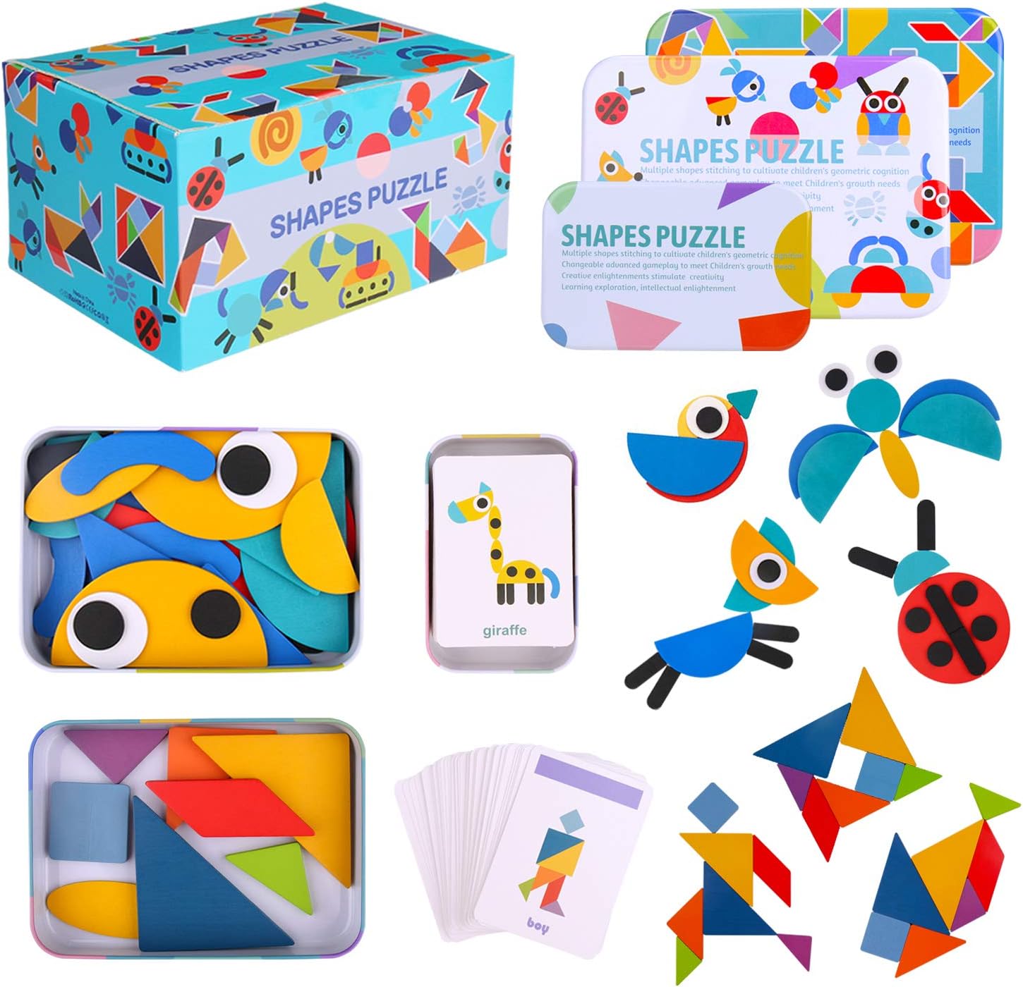 Wooden Pattern Blocks, Omew 2 Pack Wooden Jigsaw Puzzles Tangram Puzzle Blocks Set with Pattern Cards Educational Sorting and Stacking Games for Kids Boys Girls Aged 3+(Animals Jigsaw&Tangram Puzzle)
