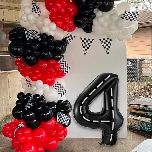 Miniatura 4 de Globos del número 4 de autos de carreras, 40 pulgadas, globos de cumpleaños de 40 pulgadas, dos globos rápidos de pista de carreras color negro,