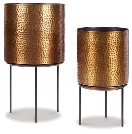 Signature Design by Ashley Donisha Modern Glam 2 Piece Metal Planter Set, Gold Finish