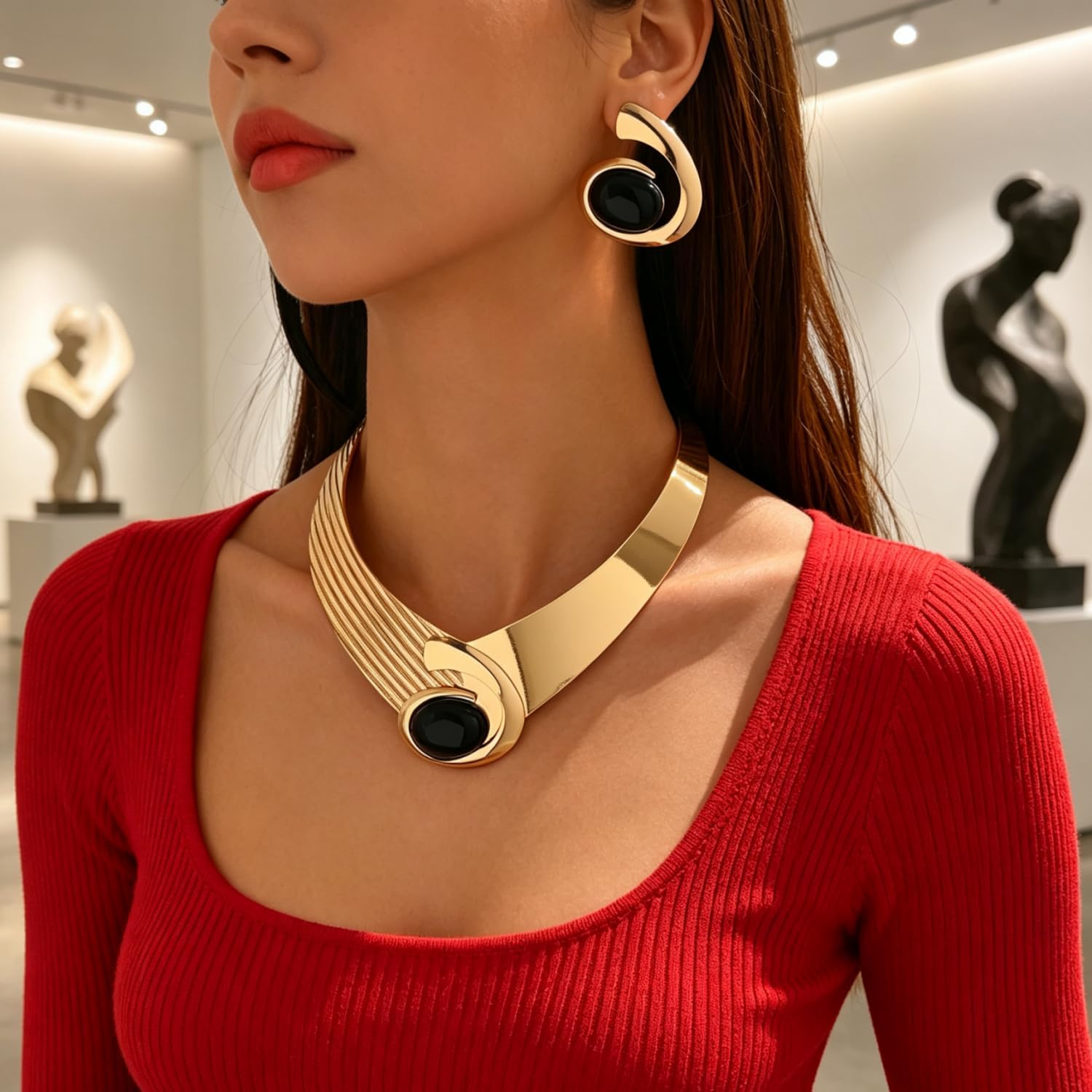Gold Jewelry Set Chunky Gold Necklace Earring Set for Women Boho Oval Acrylic Earring Necklace Western Adjustable Choker Necklaces Bohemian Jewelry Set For Women image 2