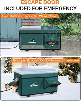 Indestructible Heated Cat House for Outside Cats Winter, 100% Weatherproof, Safe Escape Door, Insulated Outdoor Cat Shelter with Heater for Feral Barn Cat Kitty (Forest Green, 12.6x16.5x12.6)