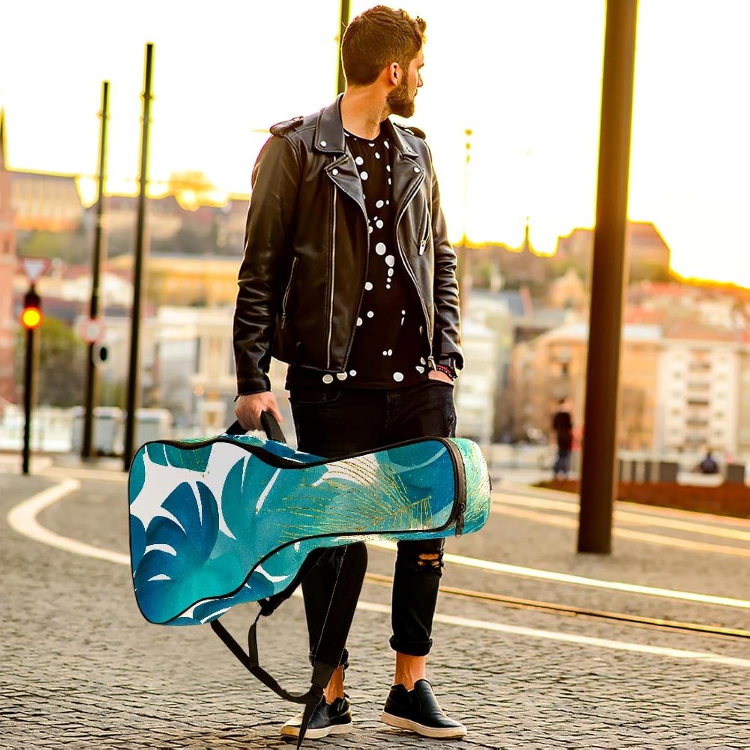 Turquoise Palm Monstera Leaves Gold Doodle Lines Acoustic Guitar Gig Bag, 1 cm Thick Padding Waterproof Guitar Bag Backpack for 40 41 42 Inch Electric Bass Classical Guitars