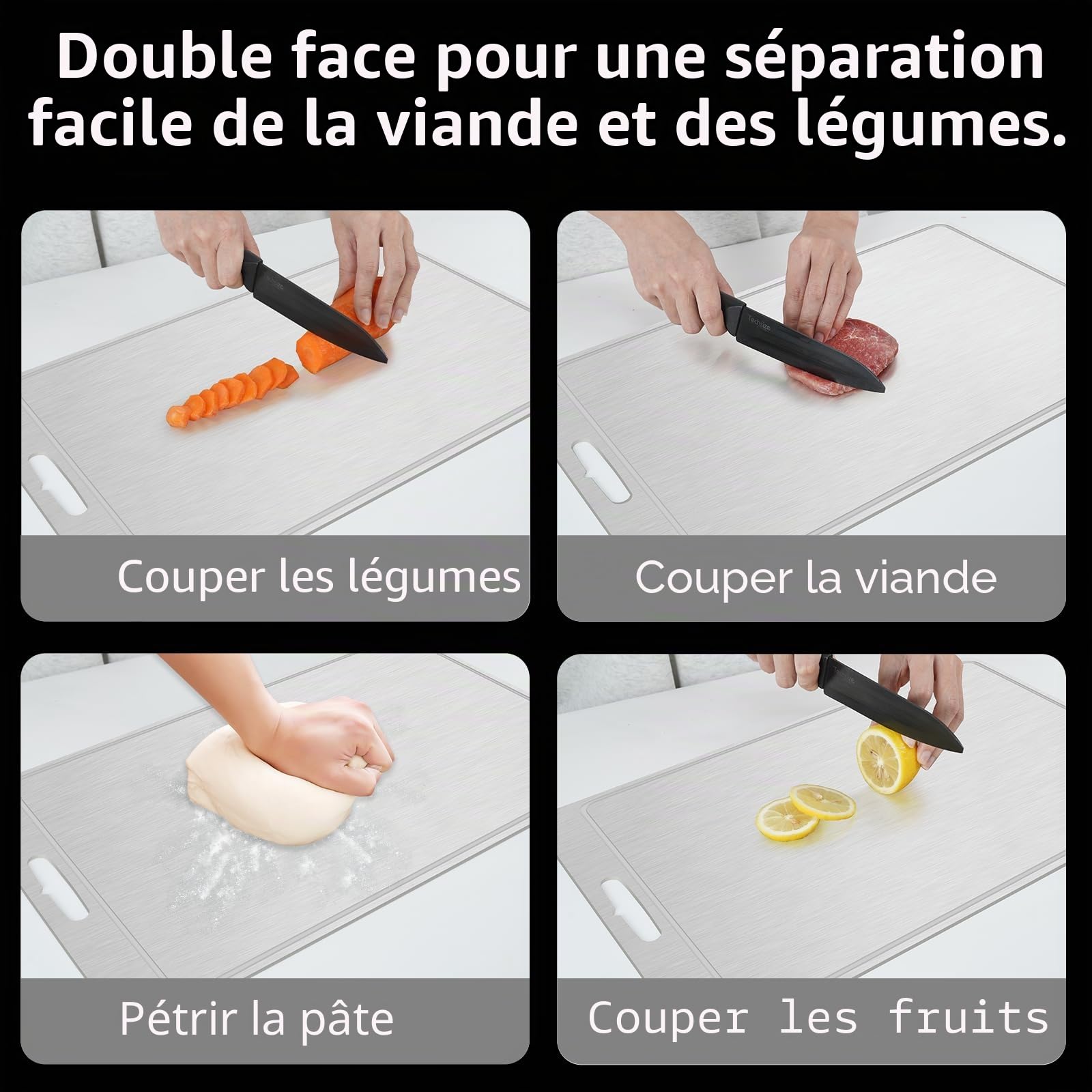 Planche à découper en titane 100 % pur titane avec rainure pour jus, planche à découper double face de qualité alimentaire pour couper la viande, les légumes, les fruits (titane-moyen)