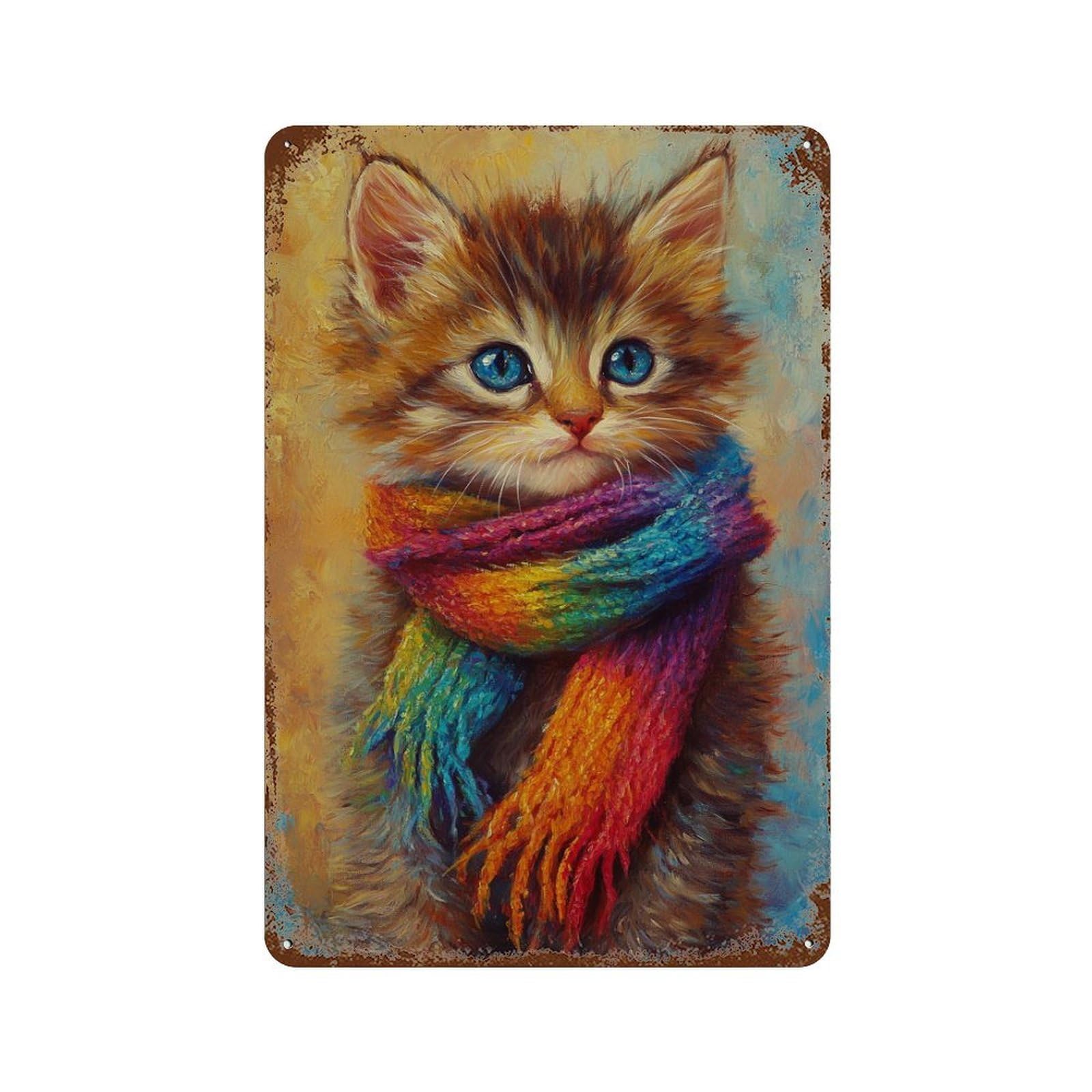 Kitten in Rainbow Scarf Decorative Tin Sign 11.8"x7.9", Farmhouse Wall Decor for Living Room, Hallway And Home Decor