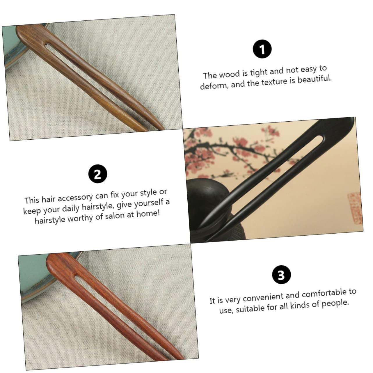 Ipetboom Lot De 3 Fourchettes À Cheveux Élégantes En Forme De U Style Rétro En Bois Pour Coiffure Vintage Élégantes 3 Pièces X 3