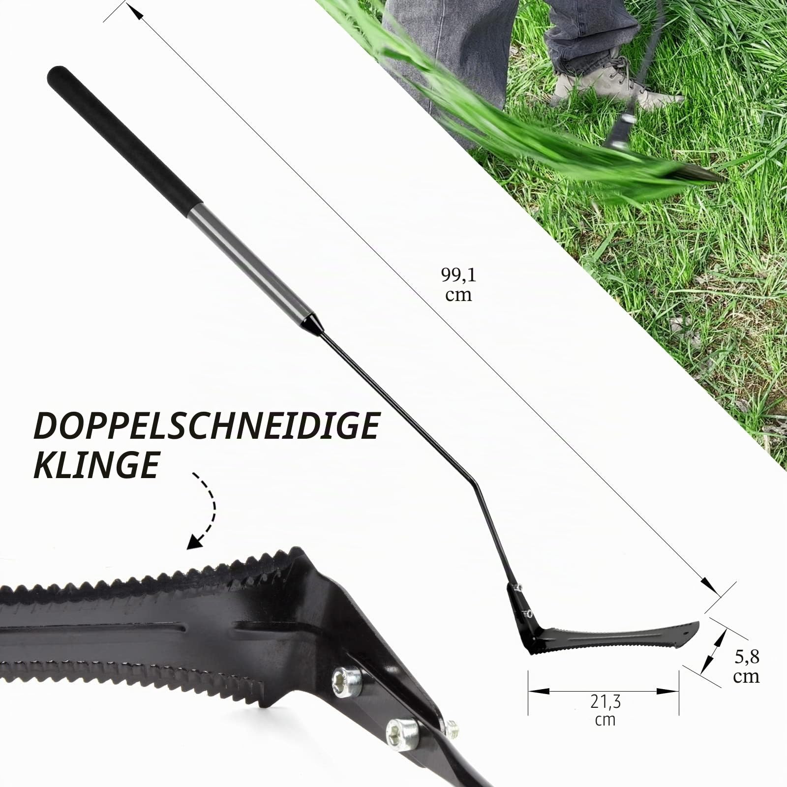 Walensee Sense Sägezahngras Wildwuchssense, Sensensichel für Mähen von Gras Getreide, Unkraut, Handsense, Kleinsense, Gartensense Waldsense Unkraut Sichel mit weichem Gummi für Garten