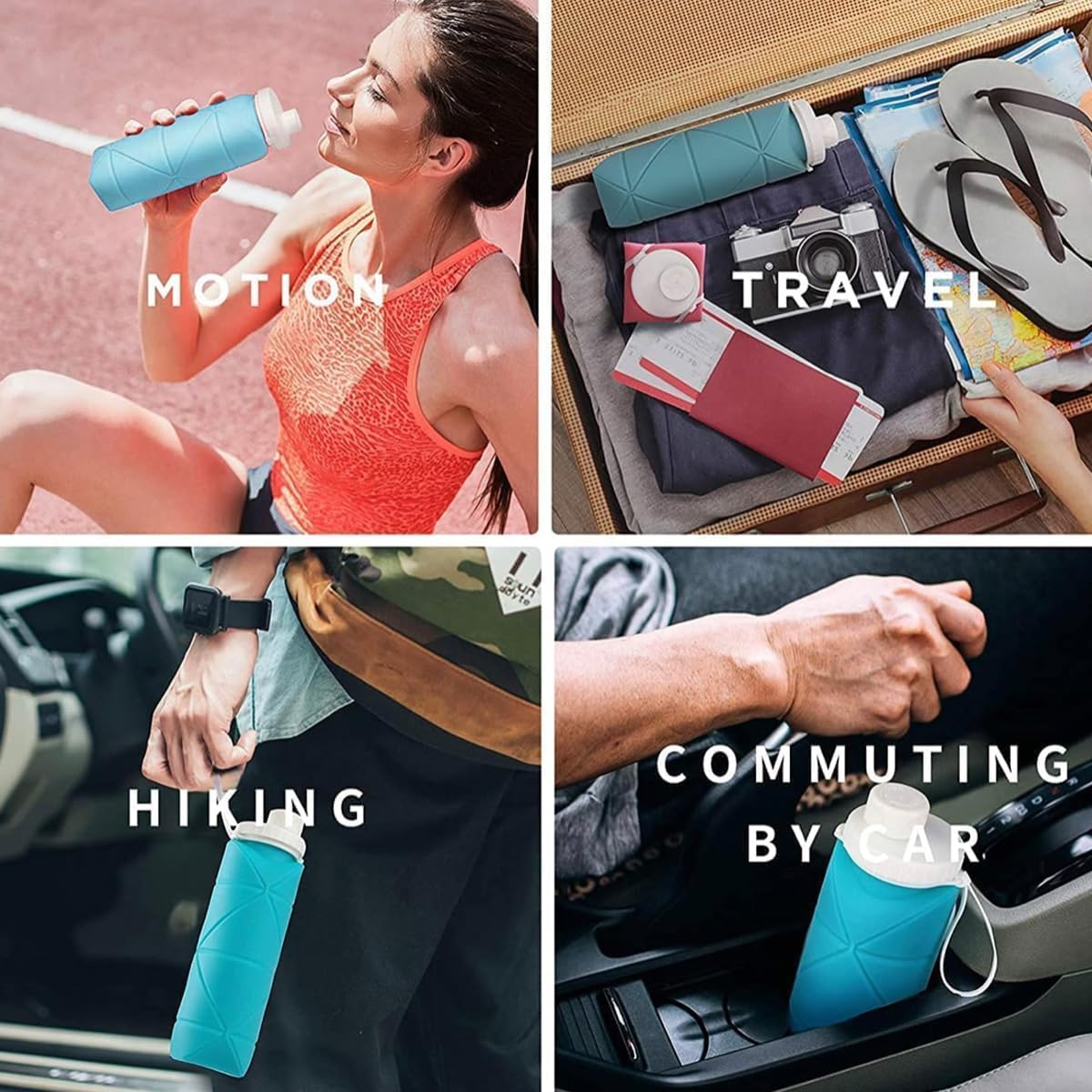 Folding Silicone Collapsible Water Bottles Portable Sports Bottle with Carabiner Clip Leak Proof, BPA Free Sippy Straw 600 ml