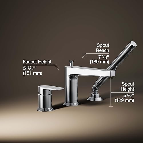 Miniatura 4 de KOHLER 74032-4-BN Grifo de baño tenso para montaje en cubierta con ducha de mano, grifo de bañera de 3 agujeros con boquilla desviadora, boquilla de