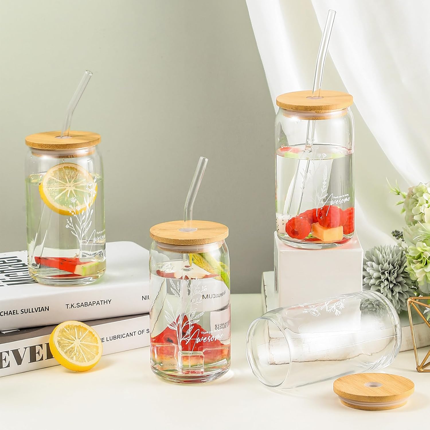 Employee Appreciation Gifts Bulk Inspirational Thank You Gifts 16 oz Glass Cups with Lids Straws Favors for Volunteer Dispatcher Administrative Professional Day Nurse(Classic Color,20 Pcs)