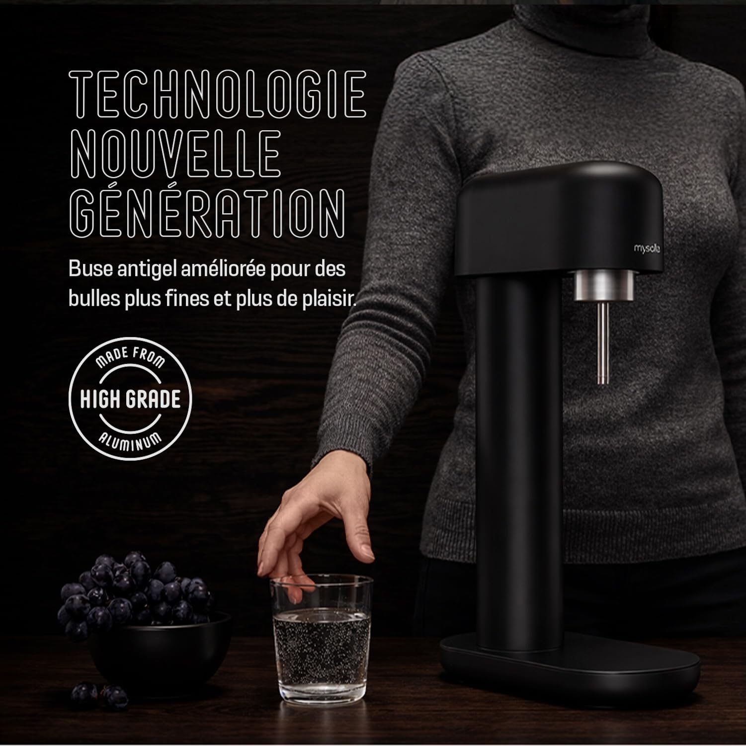 Mysoda Ruby 2 - Machine à eau pétillante design avec une bouteille d'eau en PET (sans cylindre de CO2) - Noir-Argent