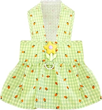 Cute Floral Small Dog Dress with D-Ring Plaid Princess Girl Dog Harness Dress Spring Summer Breathable Pet Puppy ClothesGreen,X-Small