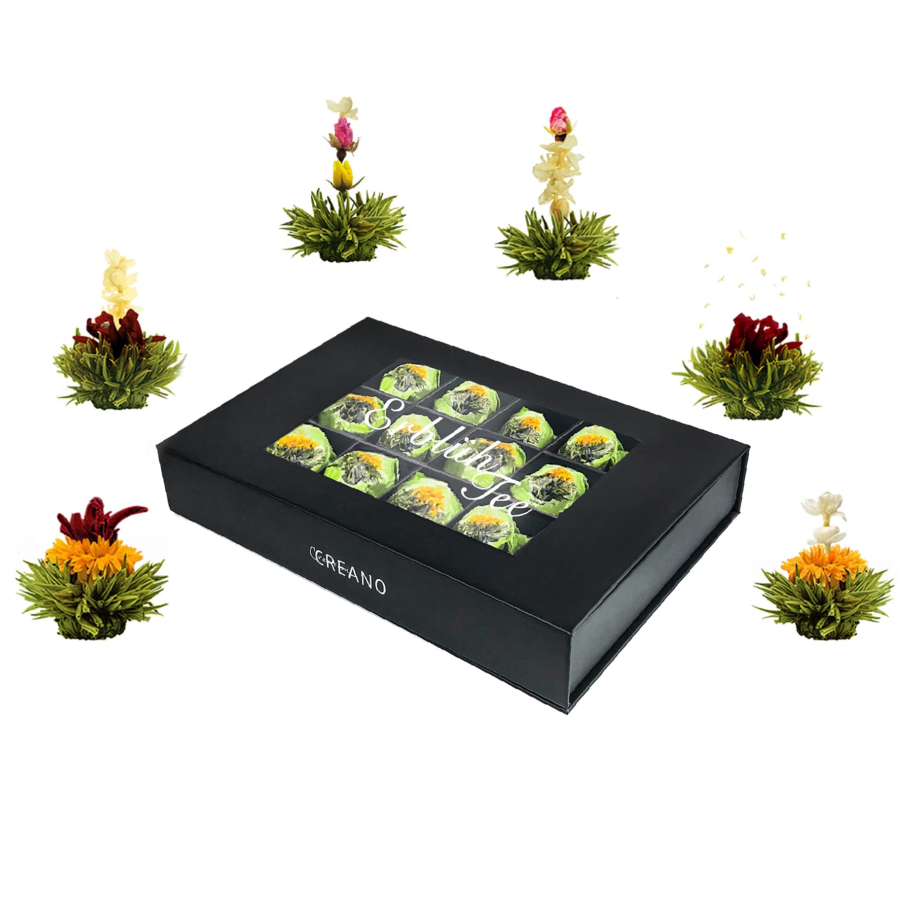 Set regalo di fiori di tè - tè verde - in una nobile scatola magnetica con finestra e goffratura argento 18 x Tè verde