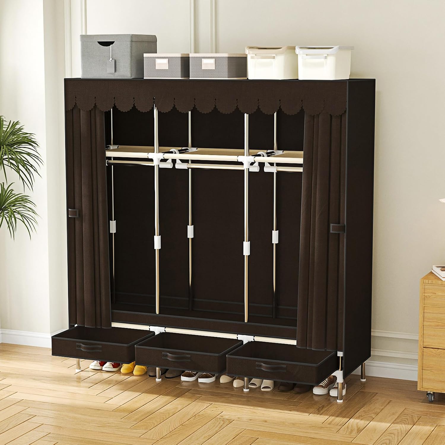 Portable Wardrobe 3 Rods 3 Drawers 3 Compartments Non-Woven Fabric Metal Frame Small Room (Brown, 57.5 in)