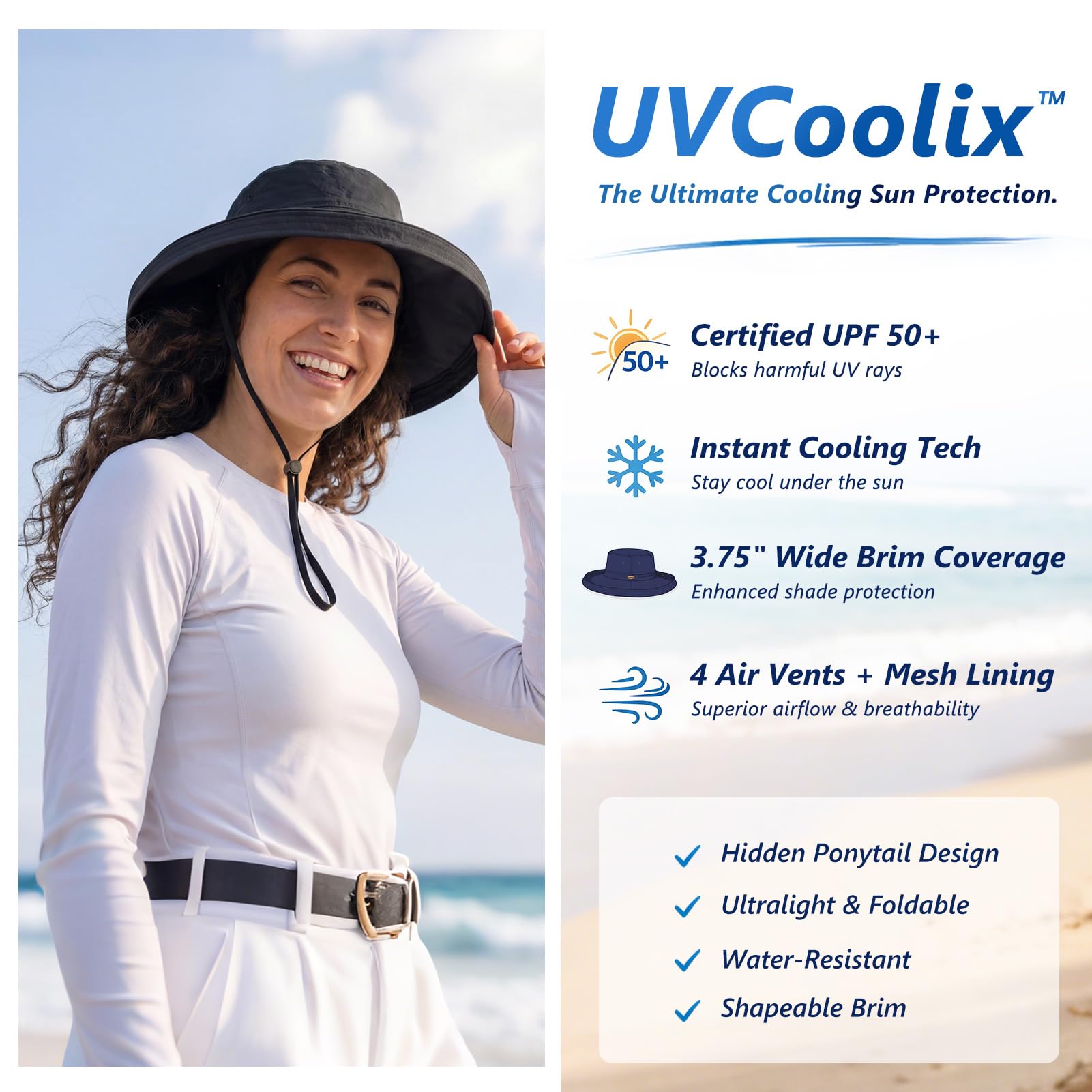 TOP-EX UVCoolix™ - Chapeau de soleil rafraîchissant pour femme - Protection UV UPF 50+ - Large bord - Pliable - Avec ouverture pour queue de cheval - Pour la plage, la randonnée, le jardinage
