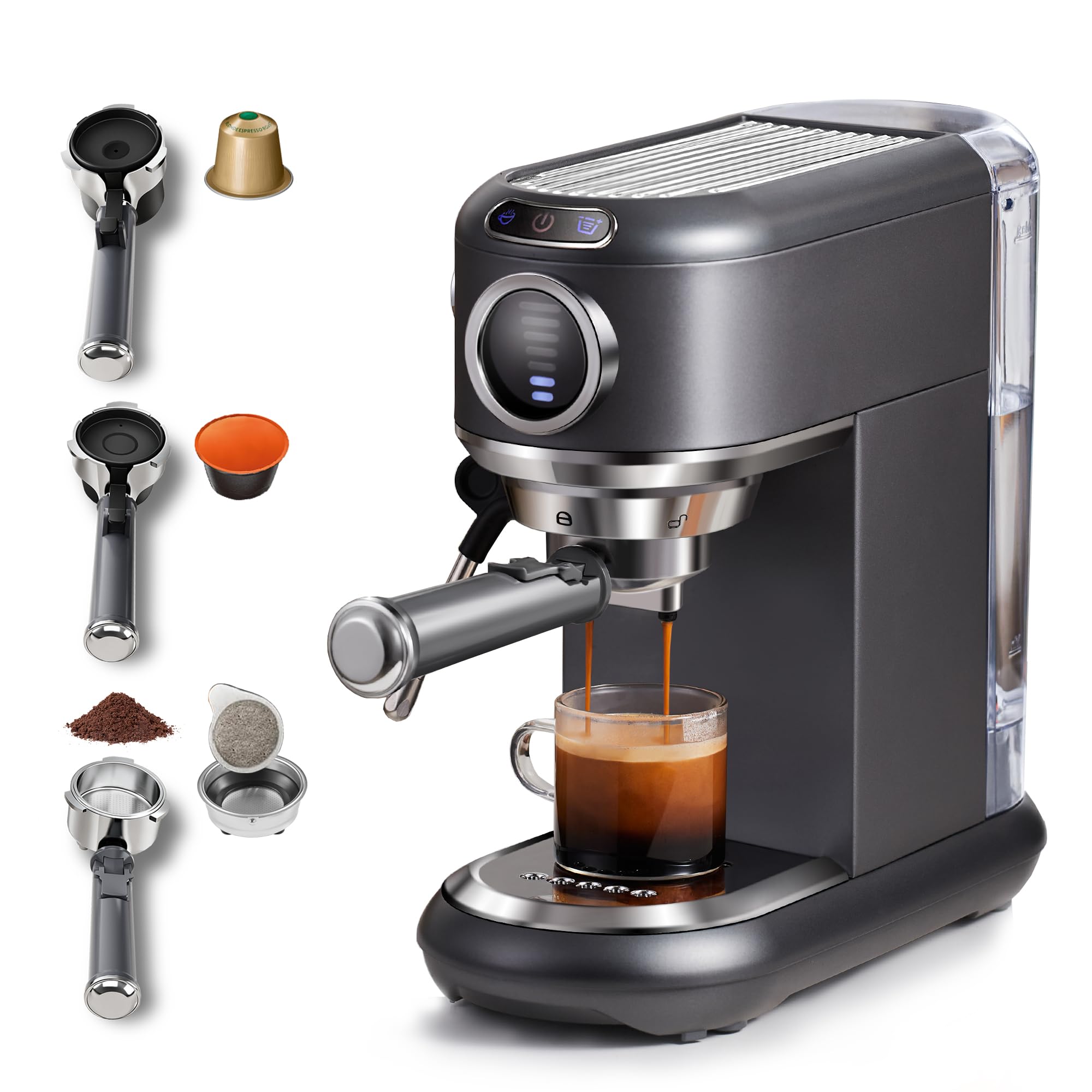 CAFELFFE MK-601F Cafetera 4-en-1, Compatible con Nes Original, DG, ESE y Café Molido, 19Bar Máquina de Espresso con Preparación en Caliente/Frío y Depósito 1,1L