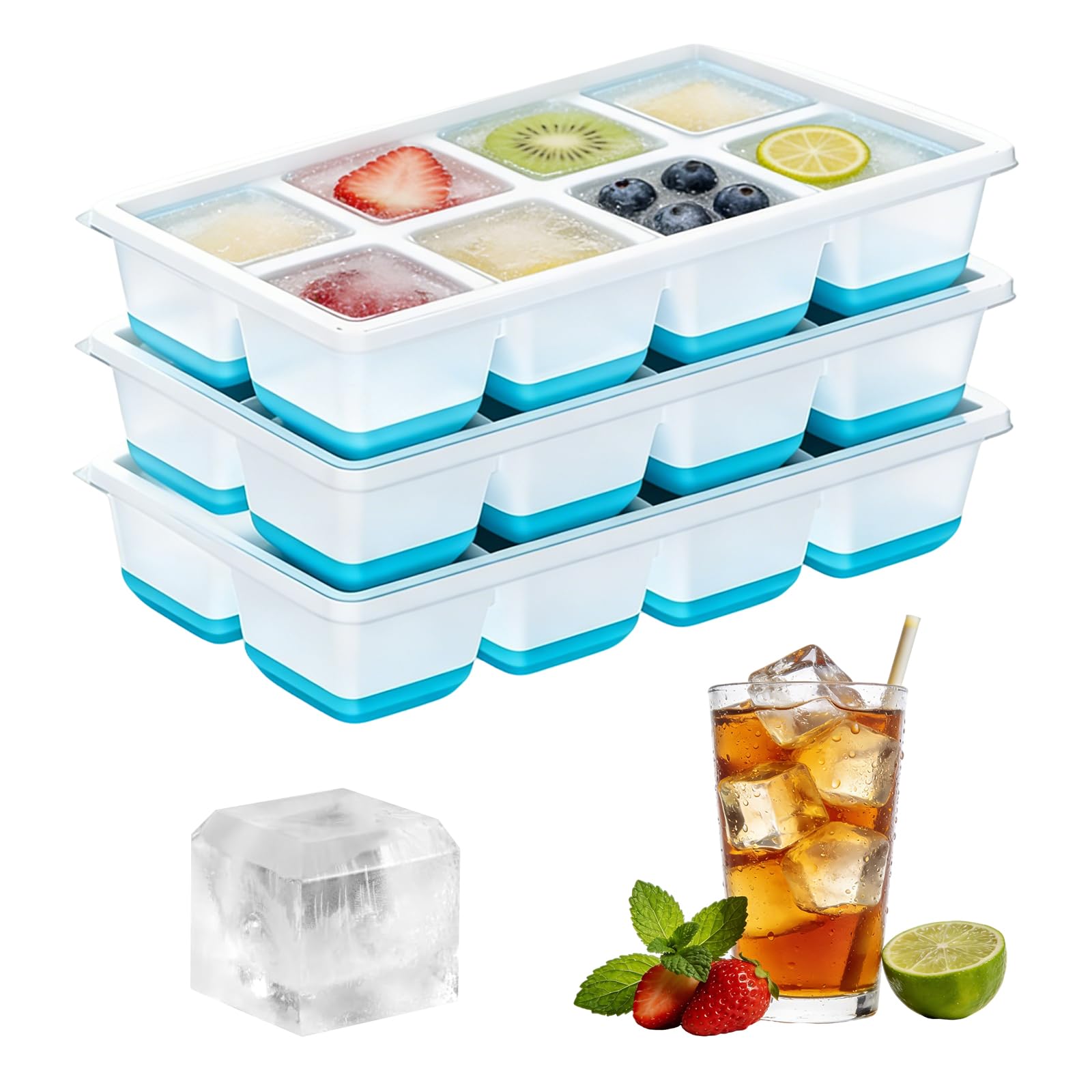 Ice Cube Moulds, 3Pcs Silicone Ice Cube Tray, 8 Square Icecube Tray with Lid Silicone Icemolds for Baby Food Freezer Cocktails Whiskey Juice Coffee Any Drinks (Blue)