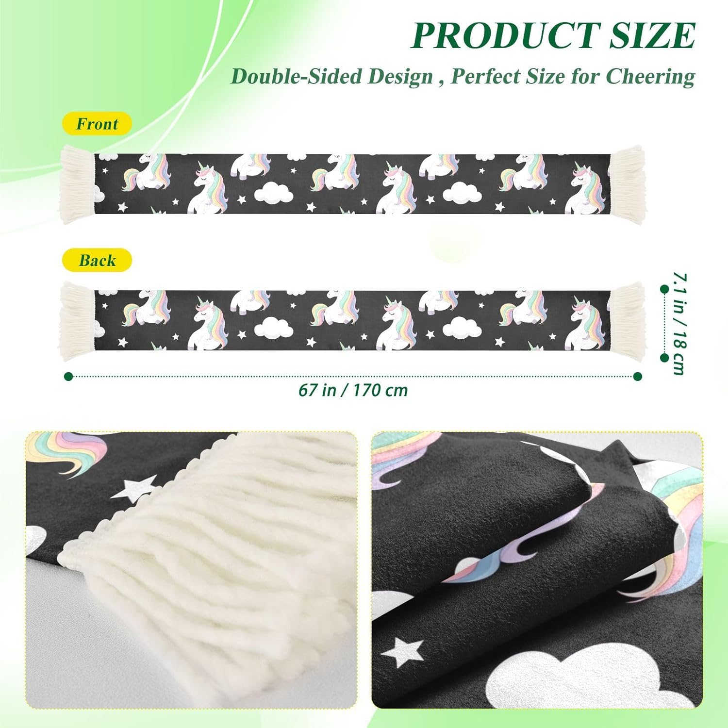 CHIFIGNO Pastel Unicorns Black Sports Fan Scarf White, Soft Polyester Soccer Scarf, Quick Dry Sweat Towel, Game Day Banner, Match Cheer Accessory