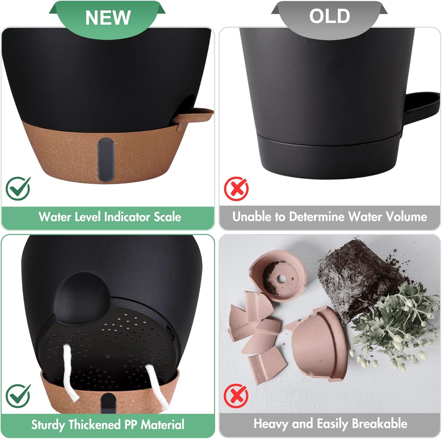 12/10/8 Inch Self Watering Pots for Indoor Plants Plastic Large Plant Pot for Outdoor Plants, Water Level Window & Spacious Reservoir Flower Pots Decorative Planter with Drainage and Tray (Black) - Image 8