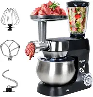 Batedeira multifuncional 6 em 1, 5,3 Qt 660W, cabeça inclinada de 6 velocidades, batedeira elétrica de cozinha com tigela de aço inoxidável, moedor de carne, liquidificador de suco (preto)