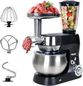 Batedeira multifuncional 6 em 1, 5,3 Qt 660W, cabeça inclinada de 6 velocidades, batedeira elétrica de cozinha com tigela de aço inoxidável, moedor de carne, liquidificador de suco (preto)