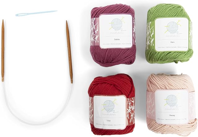mindfulknits Beginners Knitting Kit with Knitting Needles, Yarn Needles & 100% Cotton Knitting Yarn (4)  Make Washcloths  Flora Beginners Basic Knitting Supplies Set for Relaxation & Stress Relief