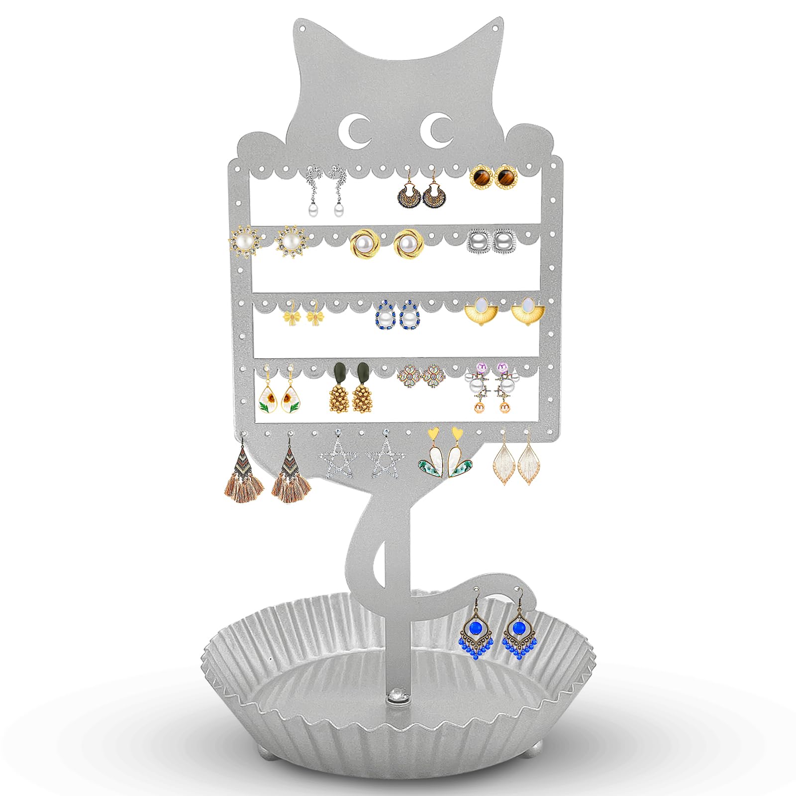 WOXBITA Earring Holder Hanging Organizer Stand Jewelry Rack Metal Cute Cat Tree Shelf Room Decor Table Ear Stud Holder Display Tower with Ring Storage