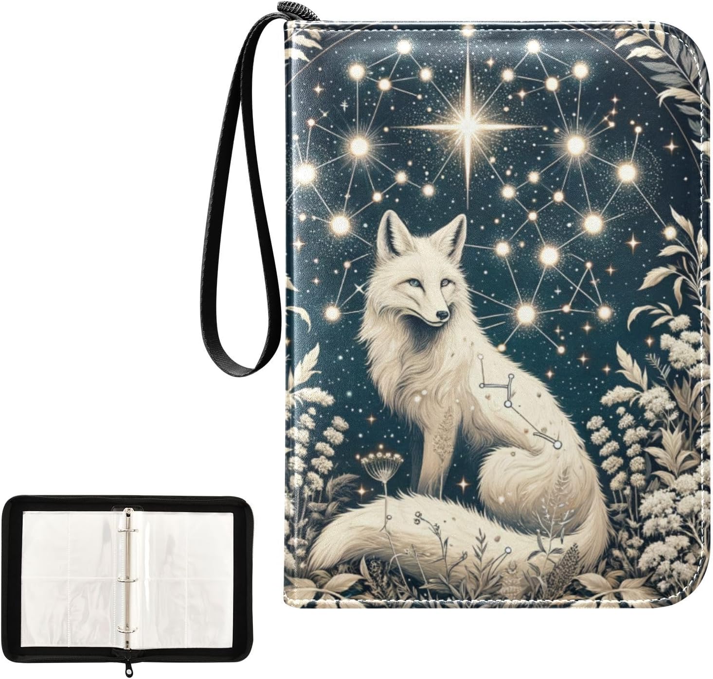Golden Dreamy Galaxy Fox Card Binder 4 Pocket Trading Card Album Fits 400 Sports/Game Cards, PU Cover 3 Ring Card Collection with 50 Removable Sleeves
