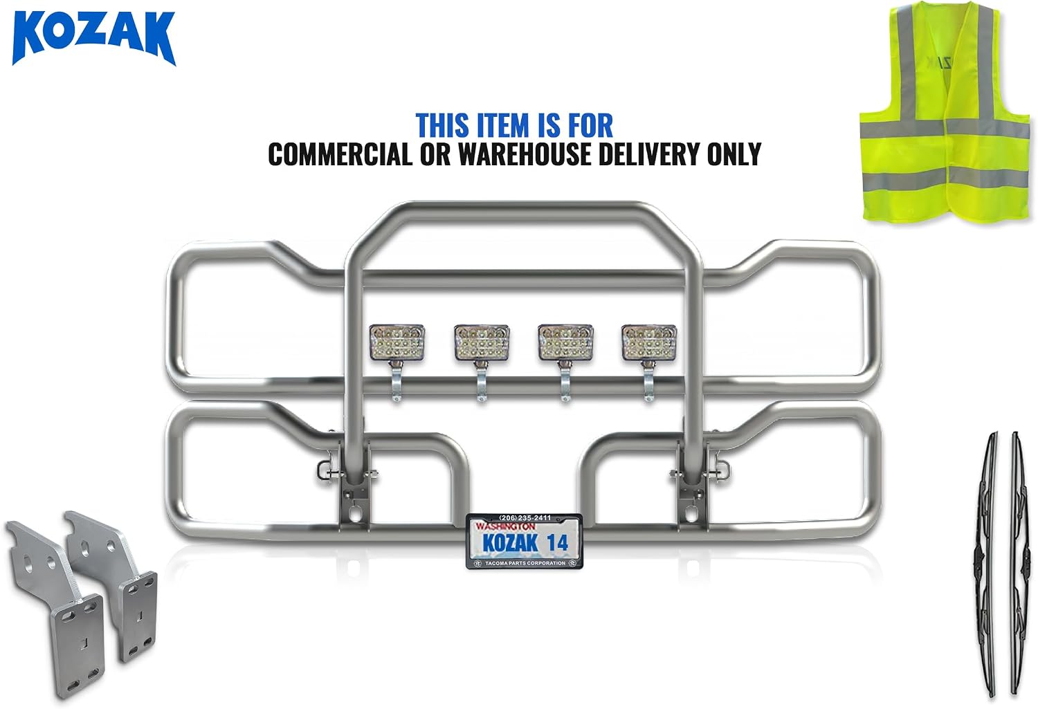 Steel Front Grille Deer Moose Brush Bumper Guard Compatible with Mack ANTHEM 2018 and Newer (steel bumper) PLUS 4 x 6 LED Lights, Wipers, Vest, Bracket, License Plate Holder & Frame