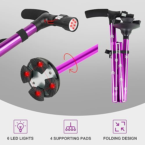 Miniatura 2 de Bastón plegable con luz LED, bastones ajustables para hombres y mujeres, bastón para ancianos con mango de cojín y base cuádruple pivotante para