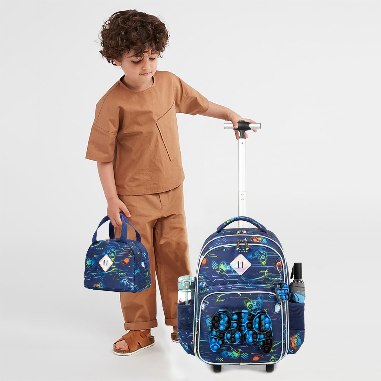 Kinder Rolling Gamepad Rucksack für Jungen Gepäck Koffer mit Rädern Trolley gerollt POP Roller Rucksäcke für Elementary Travel School Bags 17“ 3PCS Spielzeug Rucksack mit Lunch-Box Blau