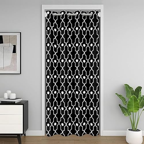 Cortinas de puerta con perlas marroquíes negras, privacidad, geometría moderna, para dormitorio, 30 % a 50 % opacas, oscurecimiento de la