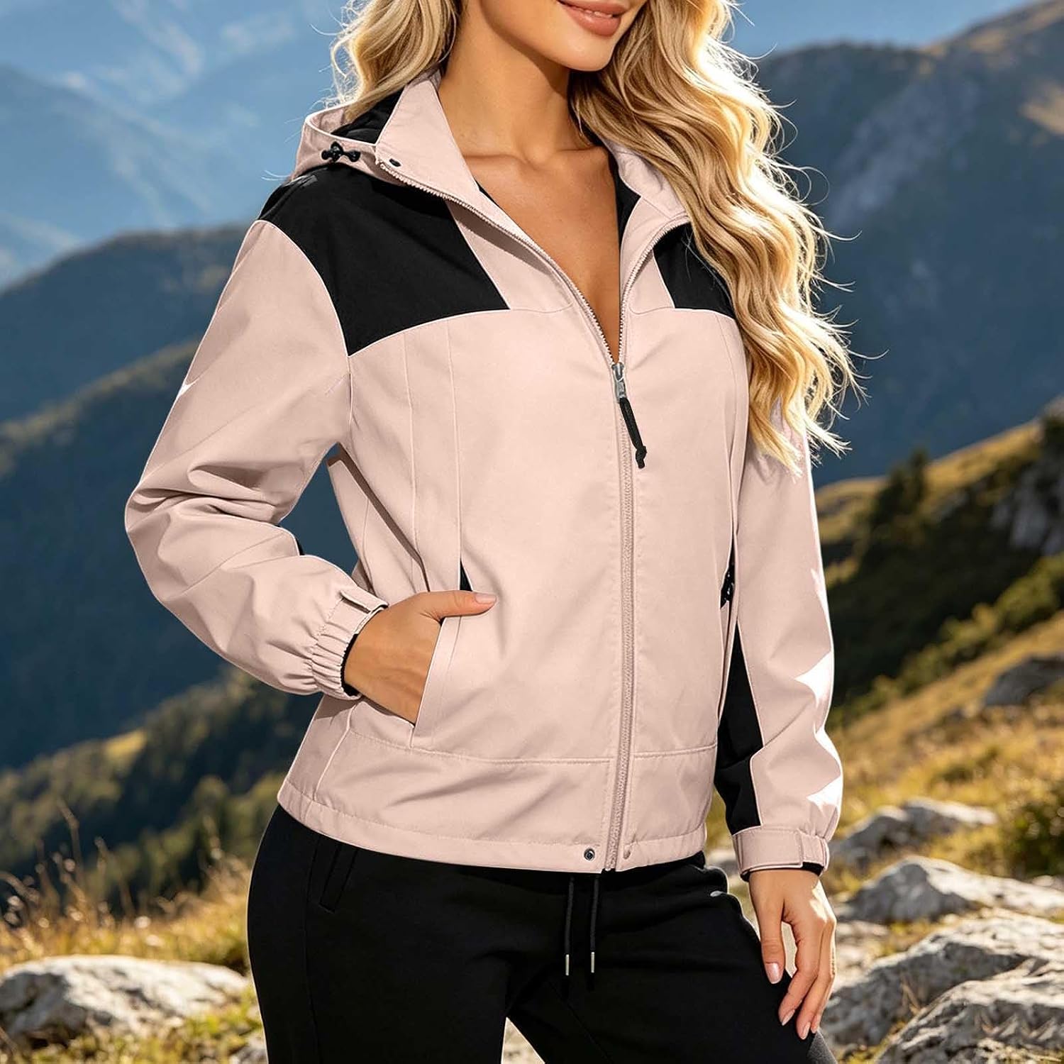 Mountain Jacket for Women Hooded Zip Up Oversized Cargo Coat | Women's Waterproof Softshell Jacket with Flap Pockets, Zip Chest Pocket, Snap Cuff for Hiking Camping Travel Fall