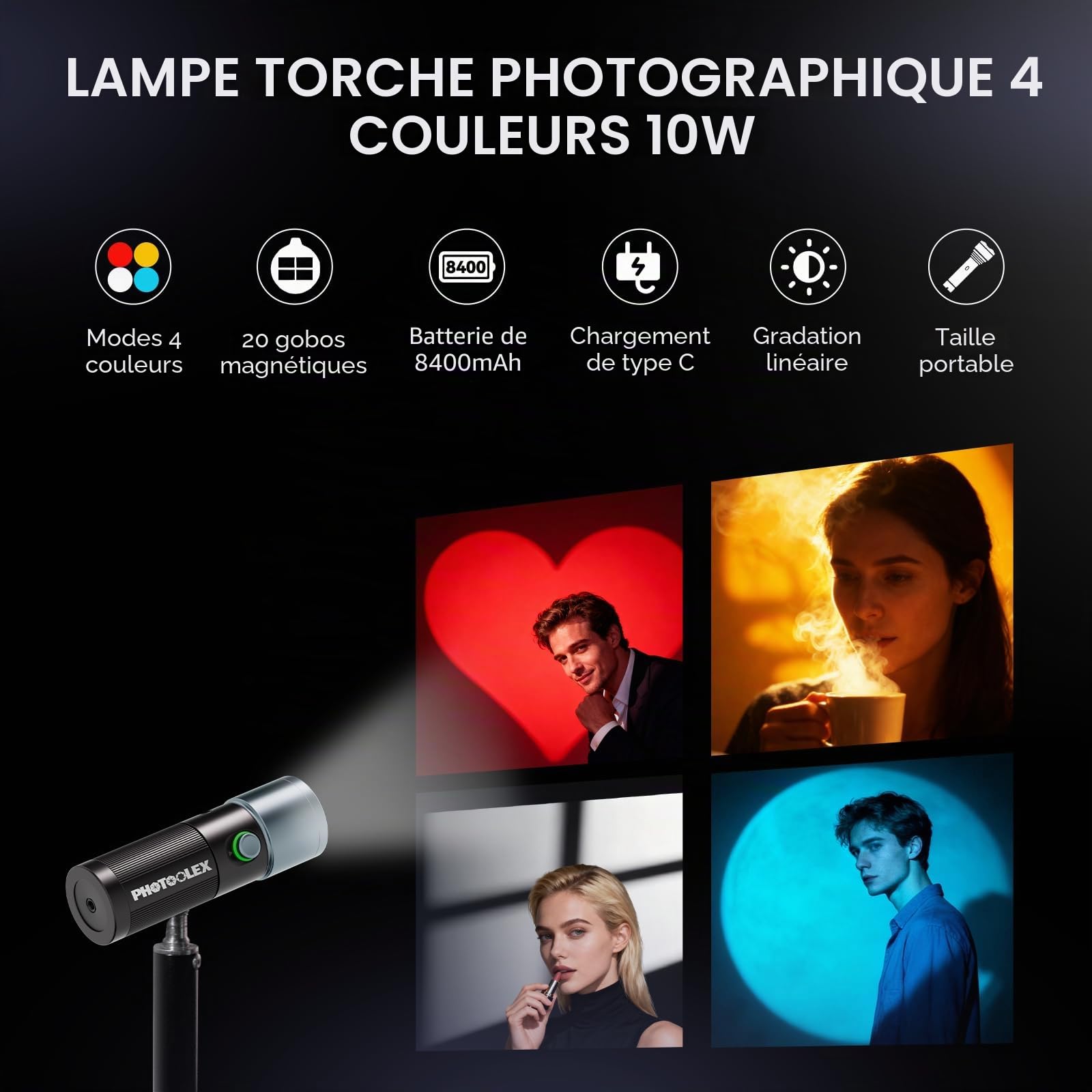 PHOTOOLEX Lampe Torche LED Portable 4 Couleurs avec 20 gobos magnétiques, projecteur Vidéo 8400 mAh, éclairage Studio LED 10W pour la Photo et la création de Contenu. Accessoires