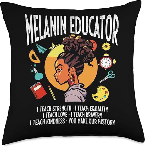 Melanin Educator African American Black Pride Teacher African American Education Black History Month Throw Pillow, 18x18, Multicolor