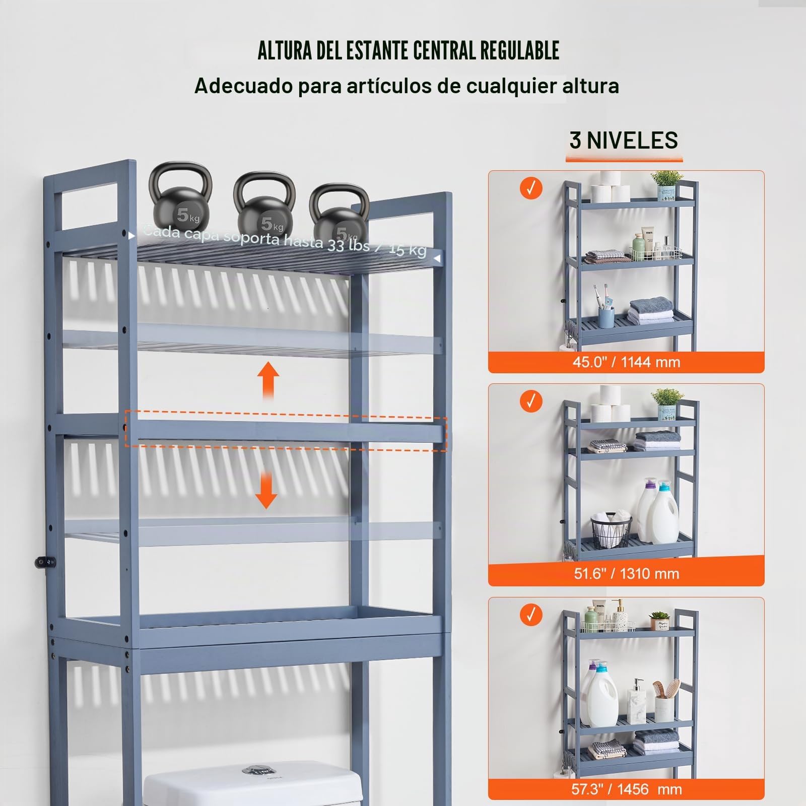 VEVOR Estante para Inodoro Ajustable de 3 Niveles Almacenamiento sobre Inodoro Estantería de Madera para Baño con 3 Ganchos Mueble de Baño Adecuado para la Mayoría de los Inodoros, Lavadero, Gris