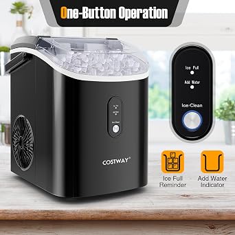 COSTWAY Nugget Countertop Ice Maker, Ready in 6 Mins, 34 lbs/24H, Ice Machine with Soft Chewable Pellet Ice, Self-Cleaning, One-Click Operation, Ice Basket & Ice Scoop for Kitchen (Black)